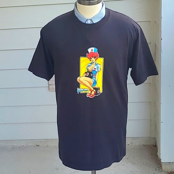 HOOK UPS Skater Naughty‎ Nurse Girl Anime Black Cotton XL Mens T Shirt VTG RARE